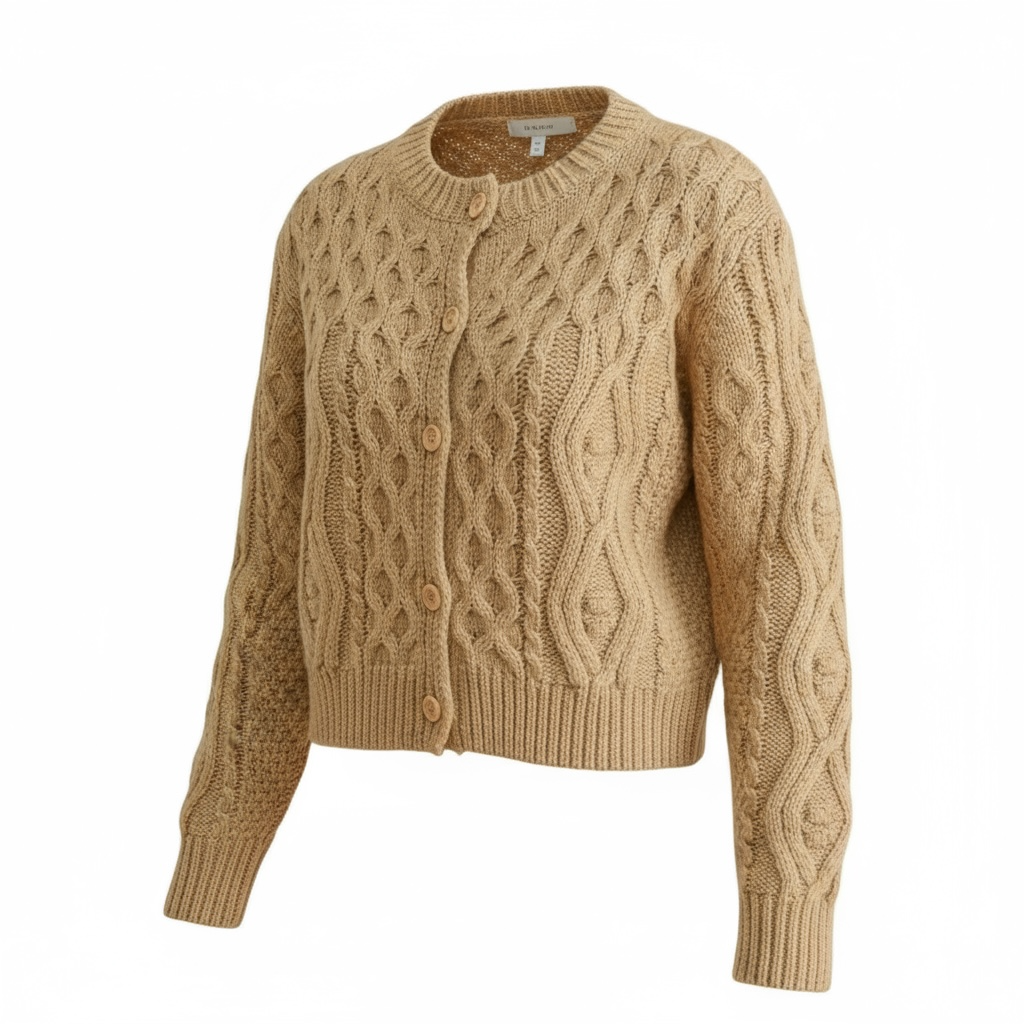 Beige cable knit cardigan on a white background