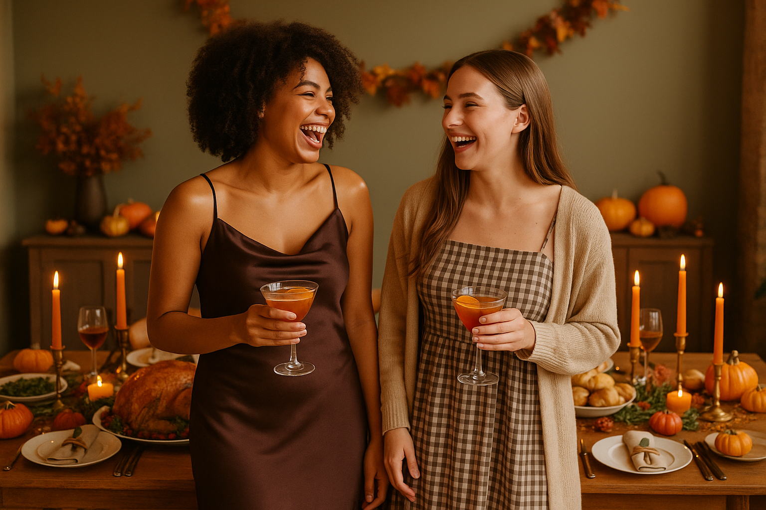 two young women holding cocktails looking at each other laughing in front of a thanksgiving dinner table wearing a sleeveless dark brown satin midi dress and another wearing a long gingham midi dress with spaghetti strap cardigan over it
