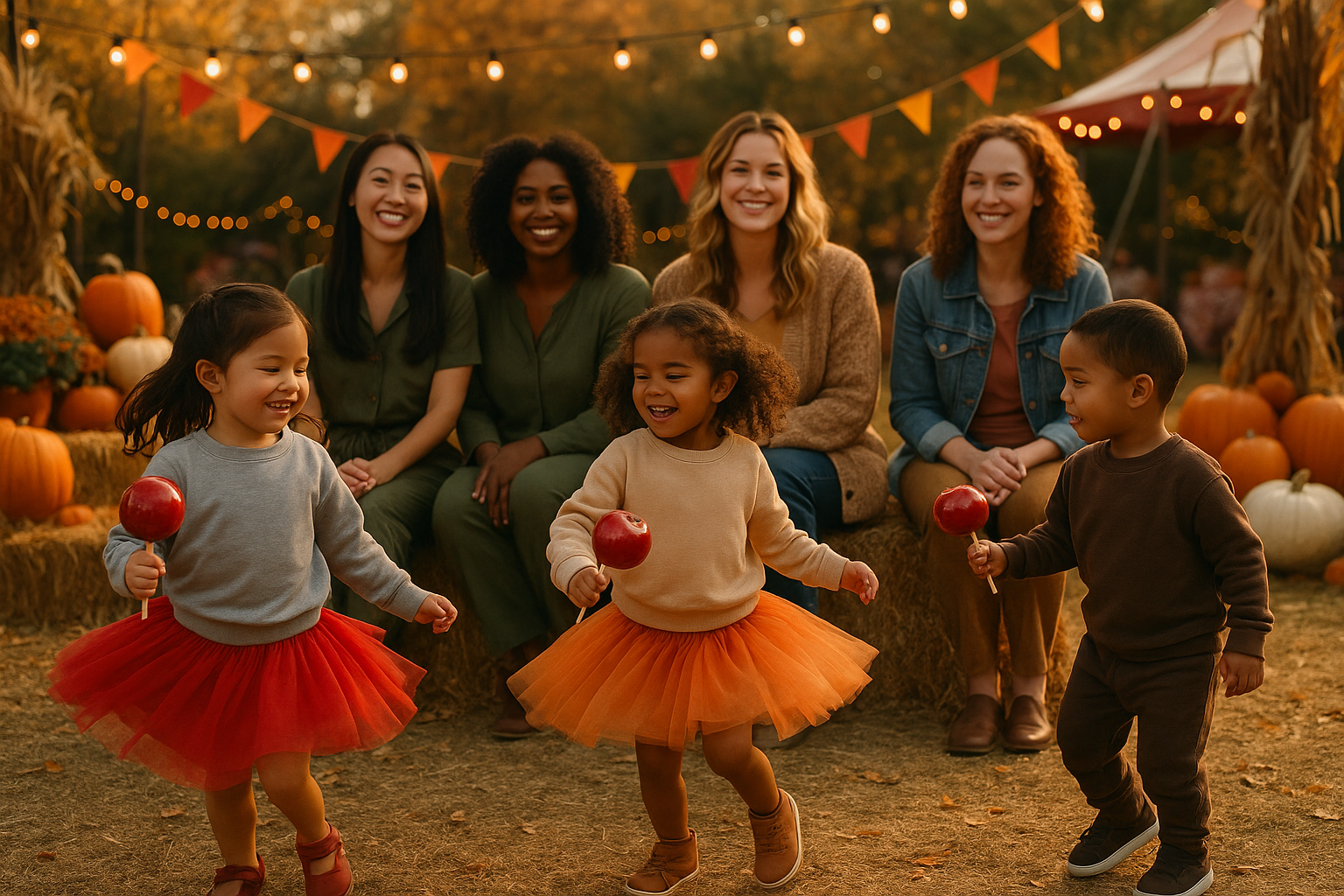 zoomed out diverse group of pretty moms sitting at a fall festival watching their daughters twirling and holding candy apples. one daughter wearing a red tutu and gray sweatshirt, another daughter wearing an orange tutu and tan sweatshirt another brother wearing a dark brown sweatsuit. One mom wearing an olive green jumpsuit and another mom wearing a chunky knit cardigan tan buttoned up