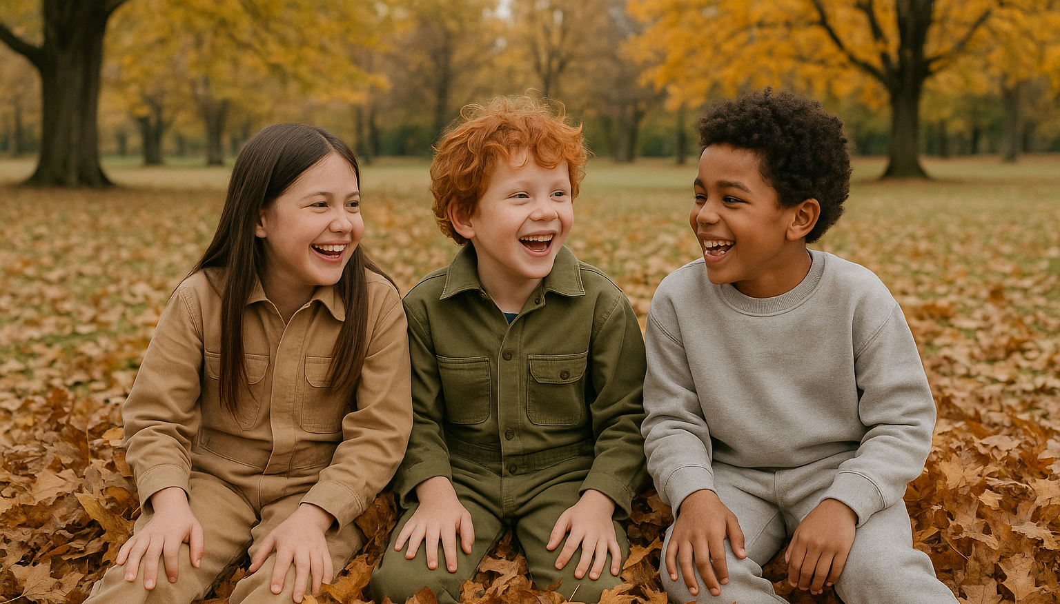 zoomed-out-image-of-kids-sitting-playing-in-leaf-pile-laughing-and-looking-at-each-other-wearing-utility-jumpsuits-sweaters-and-sweatsuit