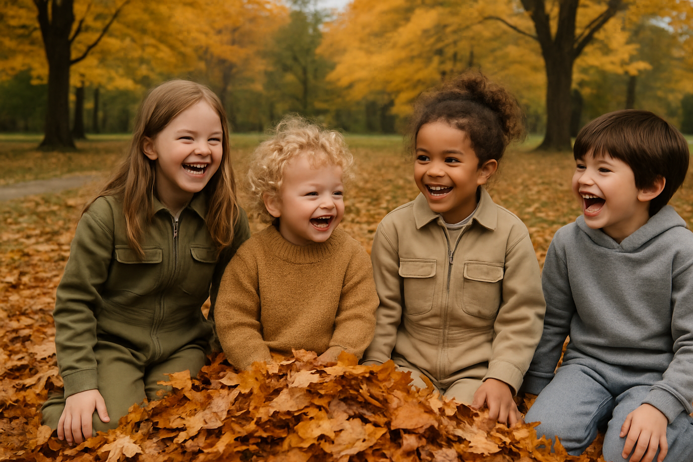 zoomed-out-kids-playing-in-leaf-pile-laughing-and-looking-at-each-other-wearing-utility-jumpsuits-sweaters-and-sweatsuit